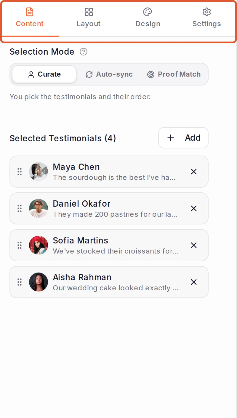 The widget builder's Content, Layout, Design and Settings tabs, with Selection Mode and the selected testimonials