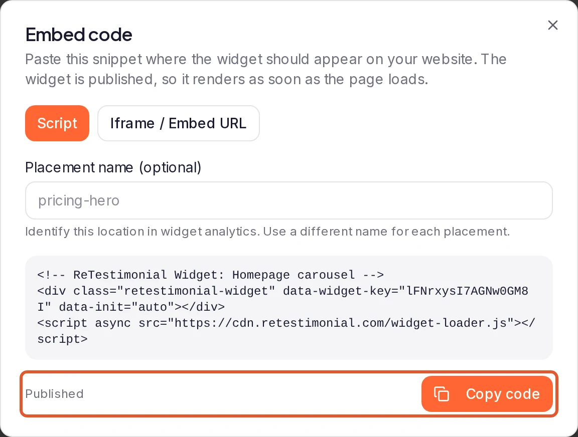 The Embed code dialog for a published widget, showing the snippet to copy