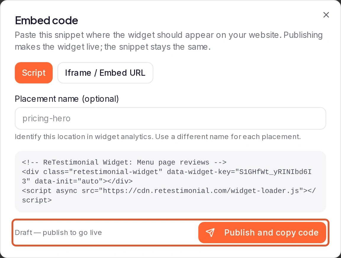 The Embed code dialog for a draft widget, with the snippet and Publish and copy code outlined