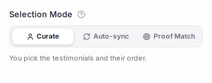 The Selection Mode control, with Curate, Auto-sync and Proof Match, set to Curate