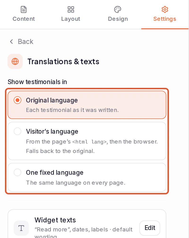 The widget builder's Settings tab with Translations & texts open: the three choices under 'Show testimonials in' are outlined, and 'Original language' is selected