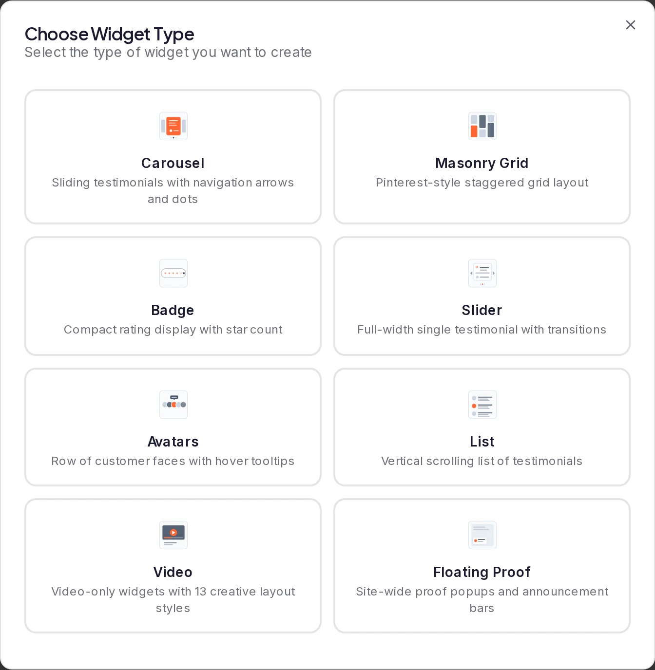 The Choose Widget Type dialog, listing the widget types