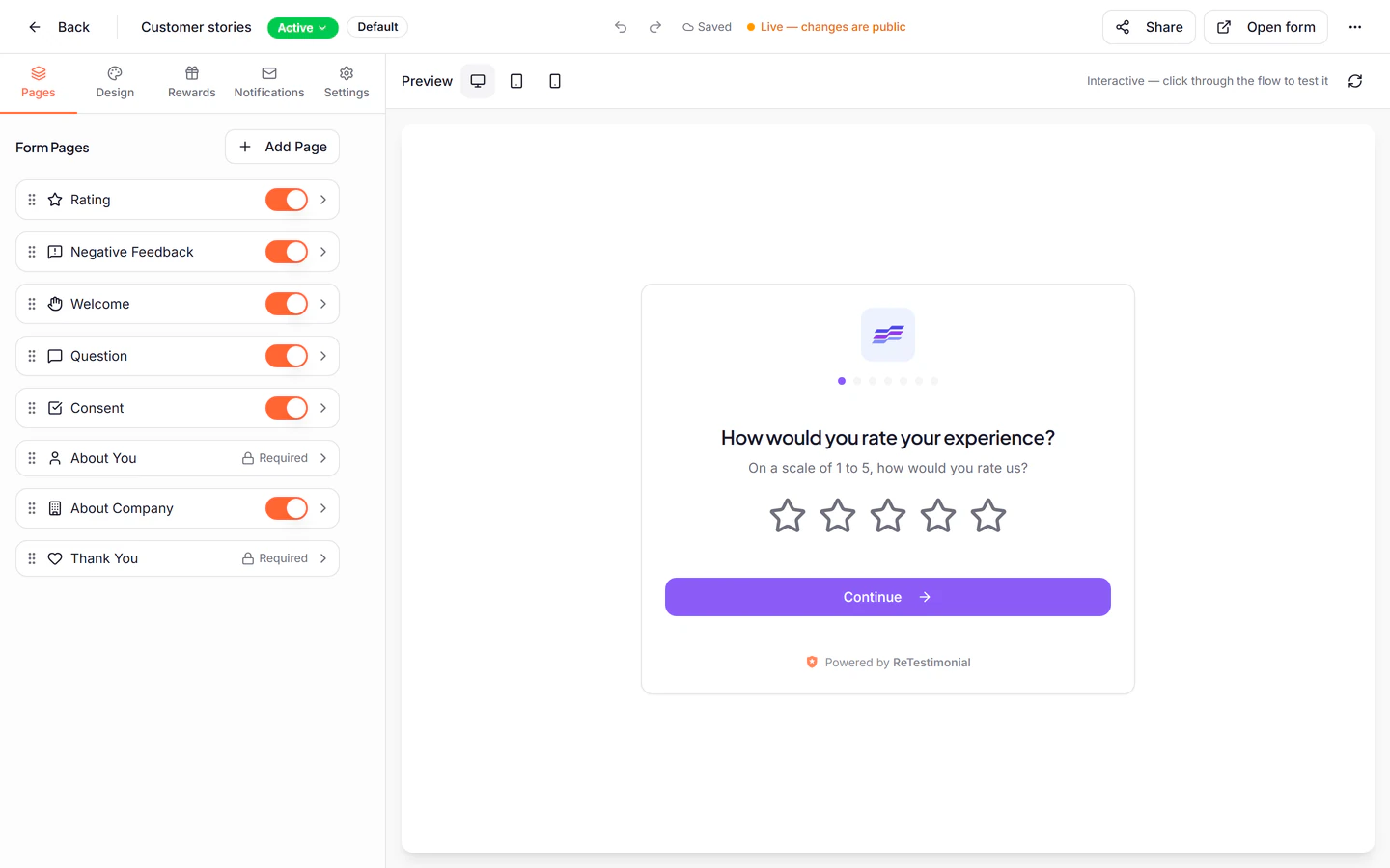 The form builder: the form's pages on the left with a switch for each, and a working preview of the rating page on the right.