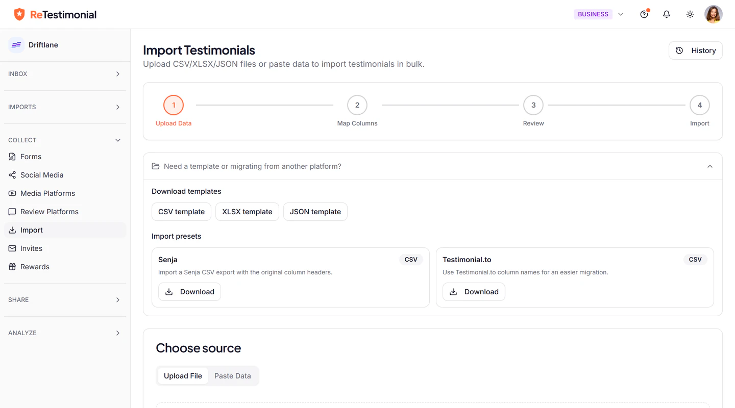 The importer's first step: CSV, XLSX and JSON templates, import presets for Senja and Testimonial.to, and the upload area.