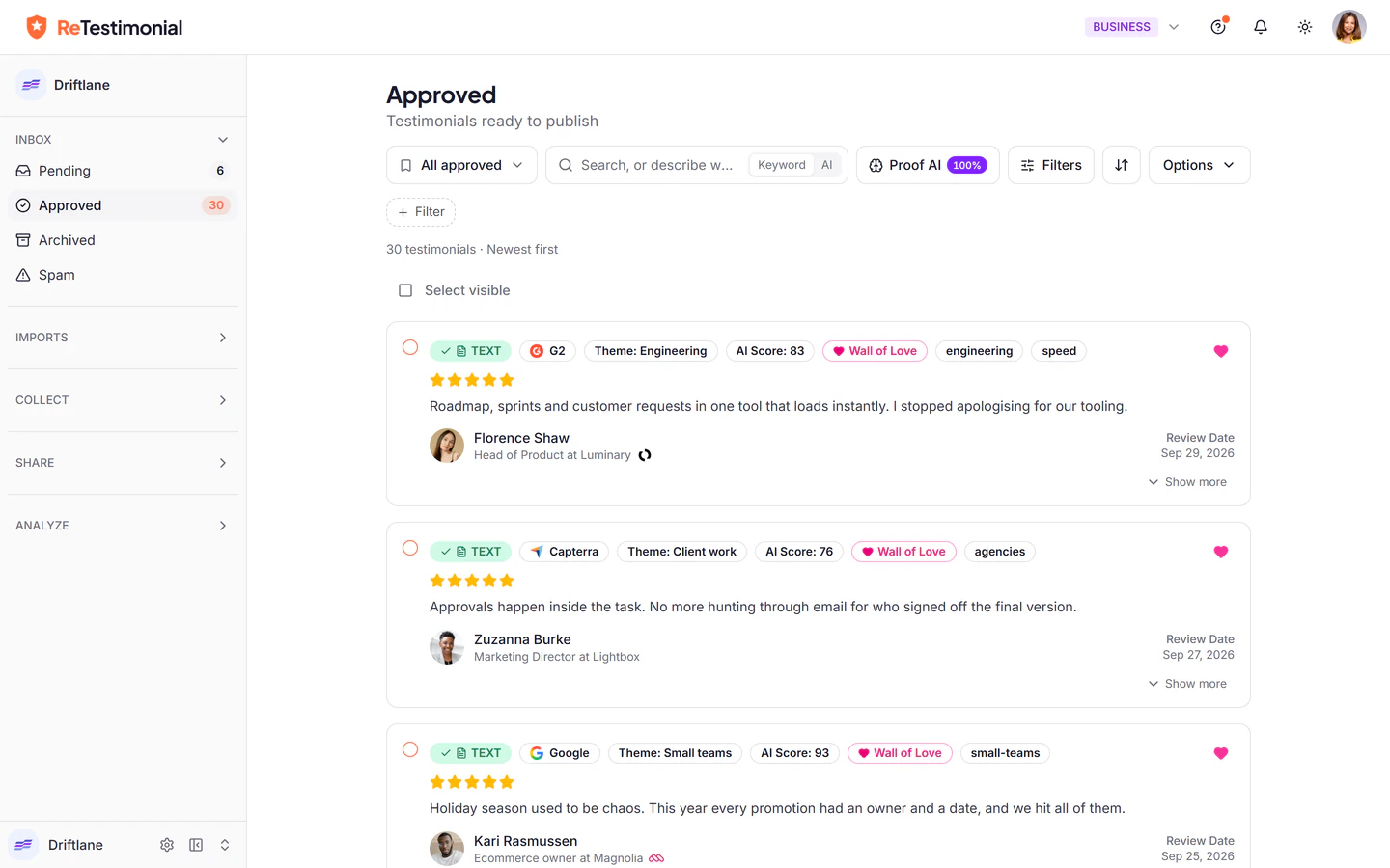 The ReTestimonial inbox: approved reviews from G2, Capterra and Google, each with its author, rating, tags, source and the theme and score Proof AI gave it, under a toolbar with saved views, search and filters.