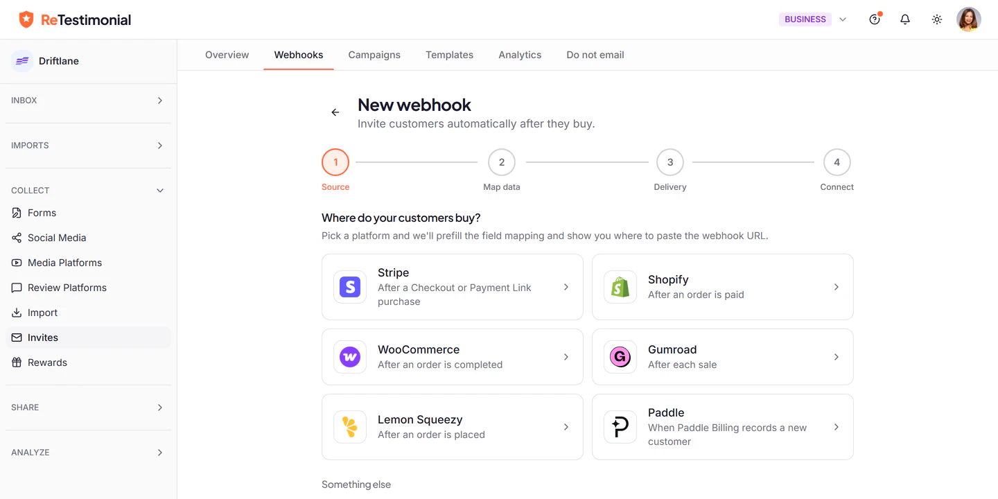 The first step of a Smart Invites webhook: choose where customers buy, from Stripe, Shopify, WooCommerce, Gumroad, Lemon Squeezy, Paddle or a custom webhook.