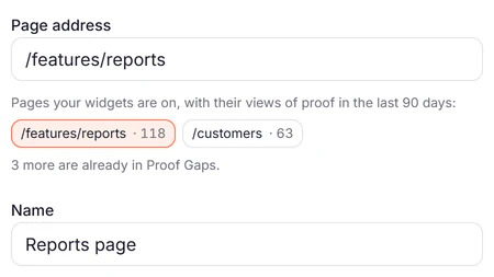 The first step of adding a page: its address, the pages the project's widgets are already on with their views of proof in the last 90 days as choices to pick, and the page's name.