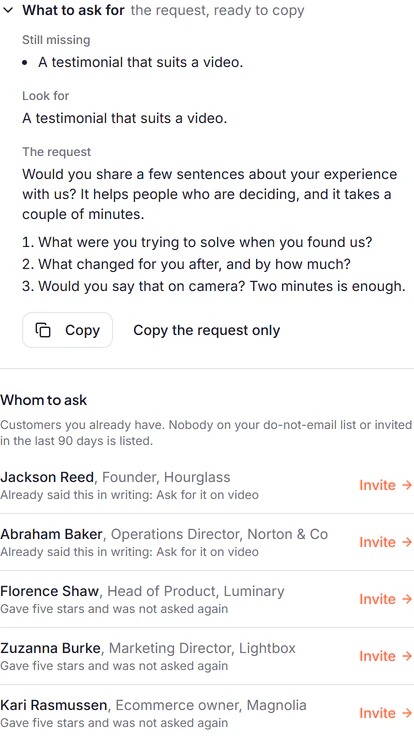 What to ask for, opened on the switching page, as a phone shows it: what is still missing, what to look for, the request with its three questions and a Copy button, then whom to ask: five customers, the first two because they already said this in writing.