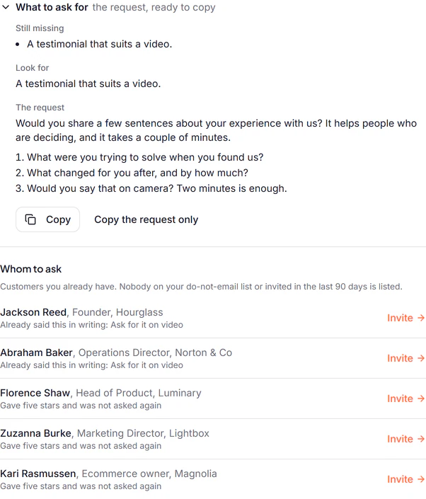 What to ask for, opened on the switching page: what is still missing, what to look for, and the request with its three questions and a Copy button. Under it, whom to ask: five customers, the first two because they already said this in writing, each with an Invite link.