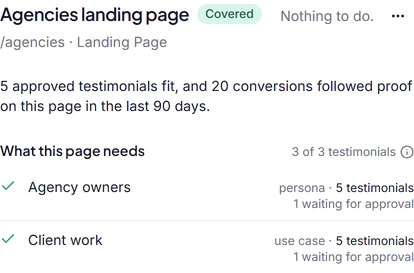 A covered page, the agencies landing page: five approved testimonials fit, conversions followed proof on it, and both things it needs, agency owners and client work, are ticked with five testimonials each and one more waiting for approval.