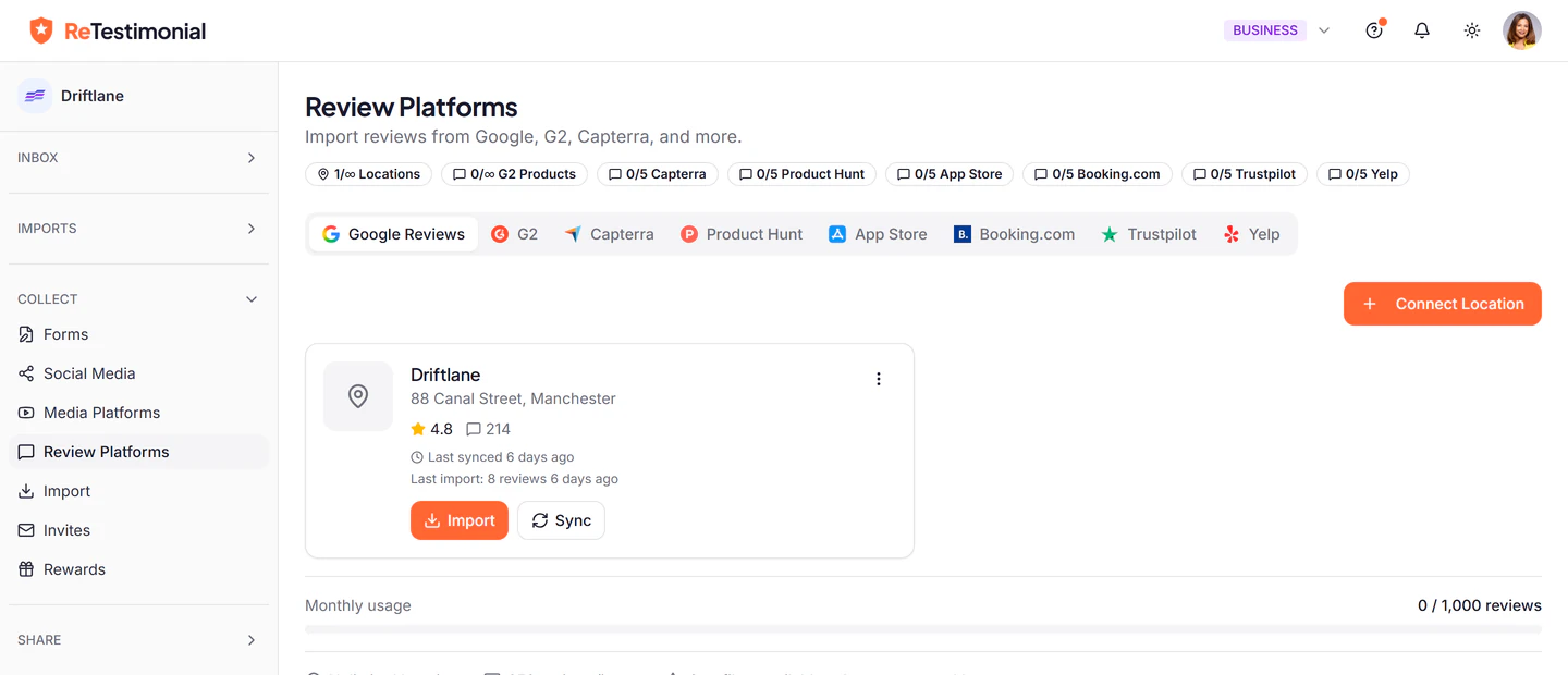 The Review Platforms page: tabs for Google, G2, Capterra, Product Hunt, App Store, Booking.com, Trustpilot and Yelp, and a connected Google listing rated 4.8 from 214 reviews.