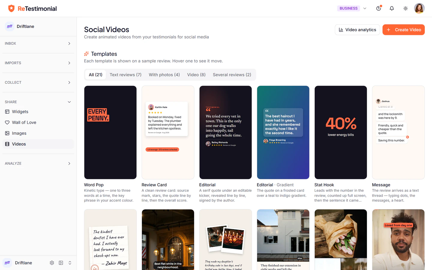 The Social Videos page: a gallery of templates, each a picture of the finished video, with tabs for text reviews, photos, video and several reviews. The first row shows Word Pop, Review Card, Editorial, Stat Hook and Message.