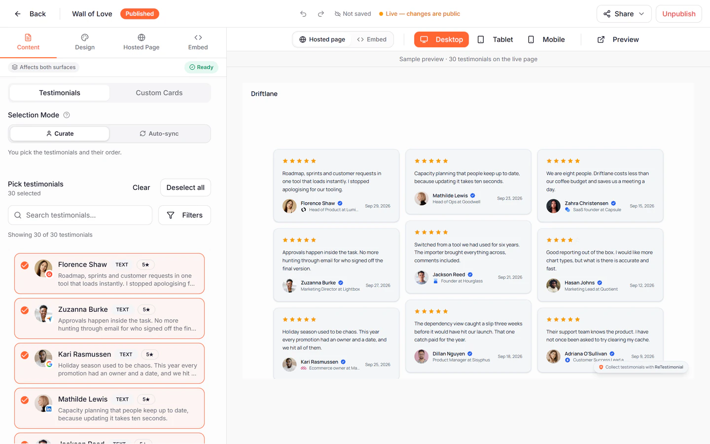 The Wall of Love builder: the reviews picked for the wall on the left, and a preview of the hosted page with nine review cards on the right.