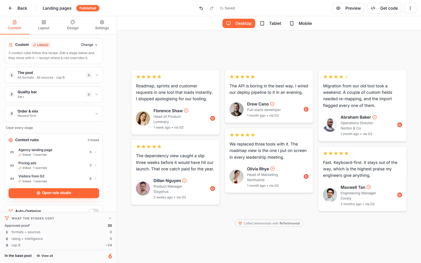 The widget builder on a Proof Match widget. On the left, the recipe its rules follow: three stages (the pool, the quality bar, order and mix) and three context rules, for the agency landing page, pricing ads and visitors from G2. On the right, a live masonry widget of six reviews.