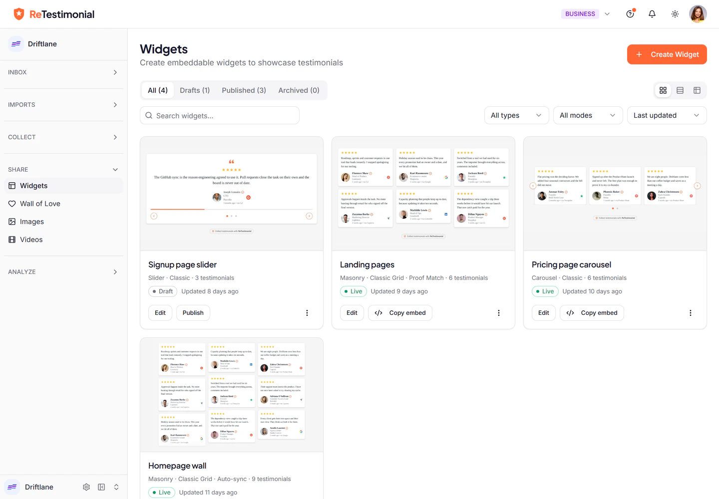 The Widgets page: four widgets, each shown as a picture of the real widget with its type, selection mode and publish state.
