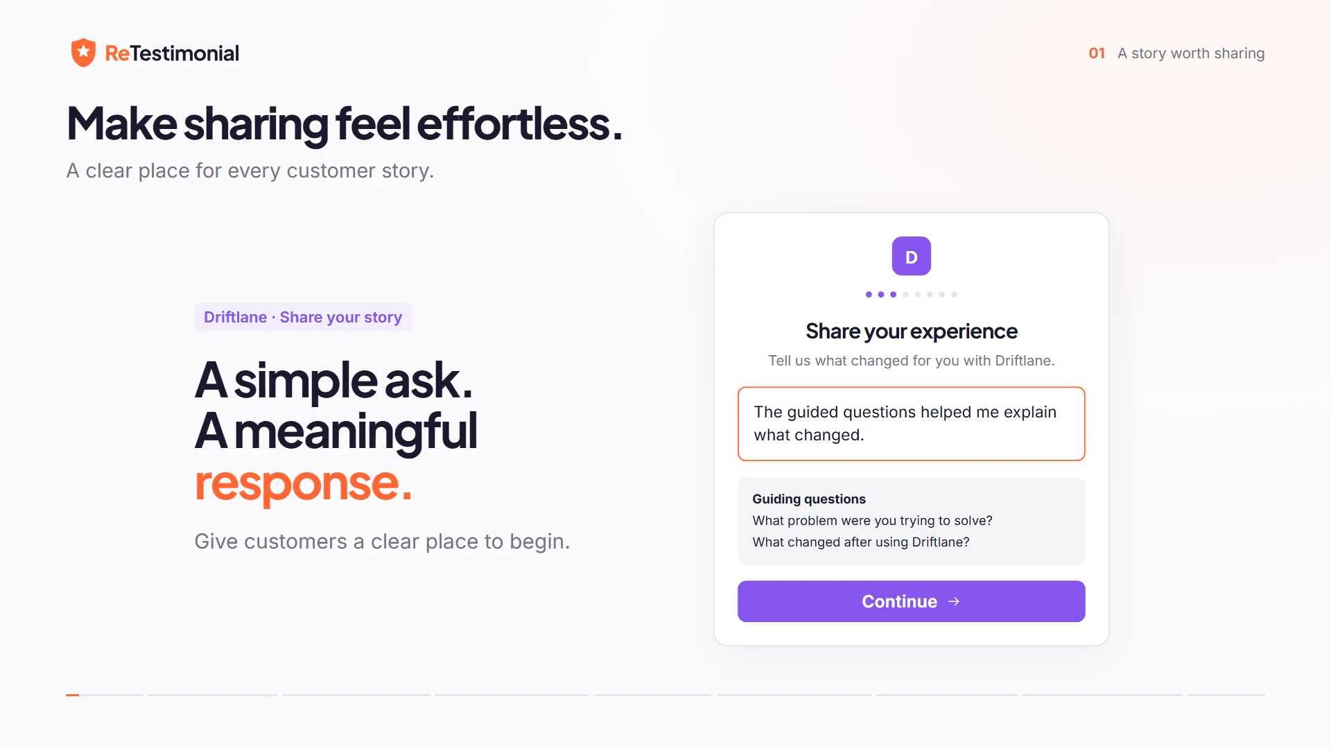 Opening frame of the Forms overview: a branded testimonial form asking a customer to share their experience.