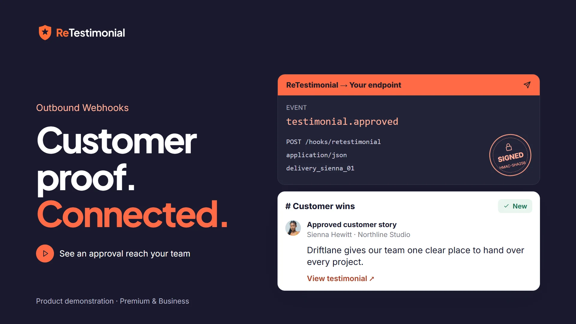 Opening frame of the film “Outbound Webhooks: see an approved testimonial reach your team”.